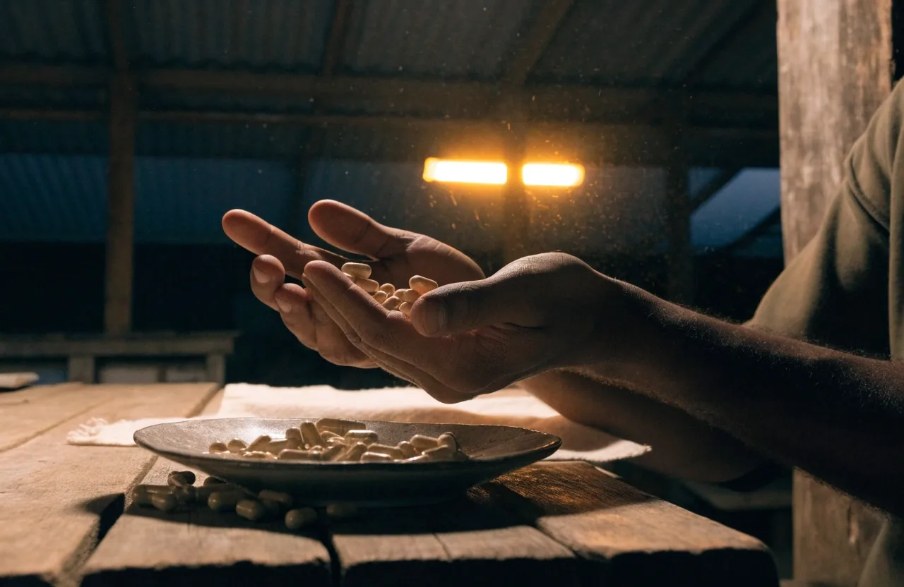 A man's hands counting unlabeled capsules from a small dish at a table under lamp light