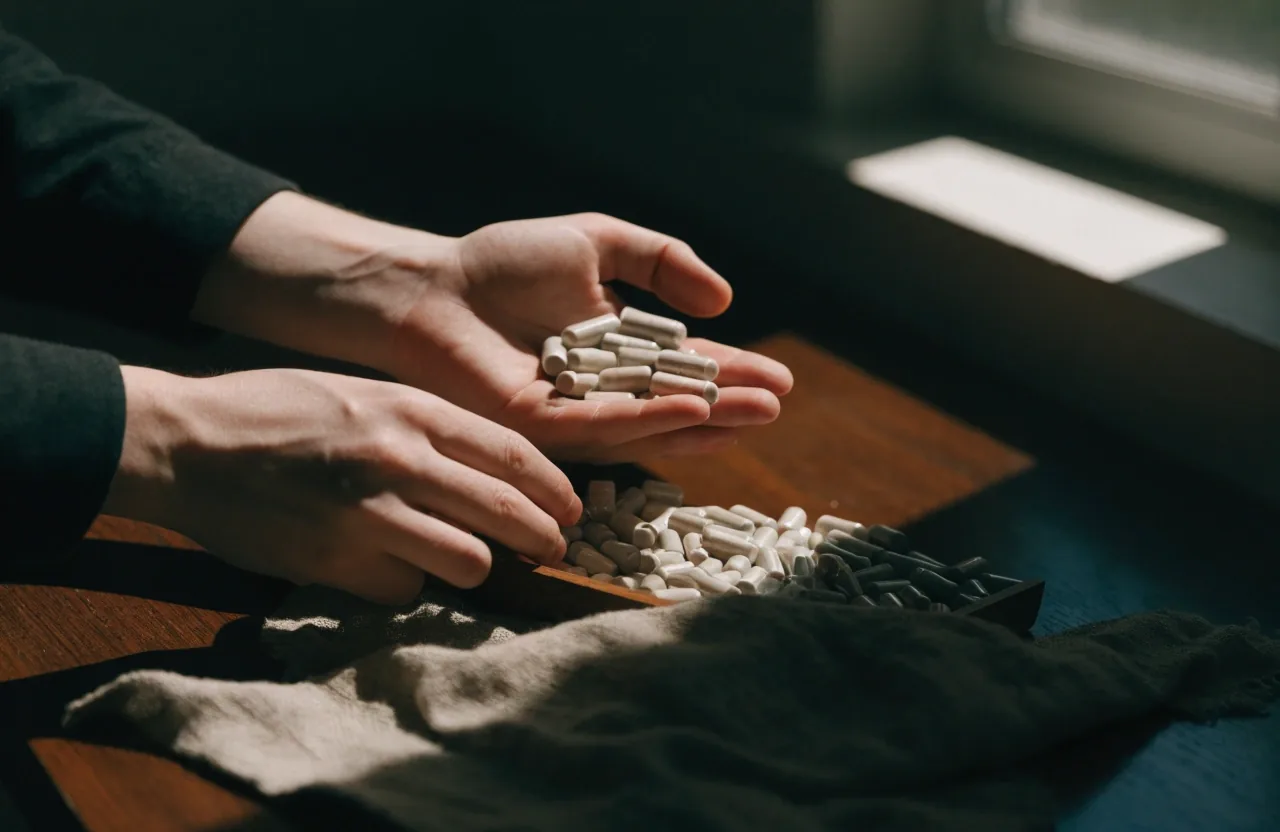 A man's hands sorting unlabeled capsules from a small open dish into his palm at a wooden table