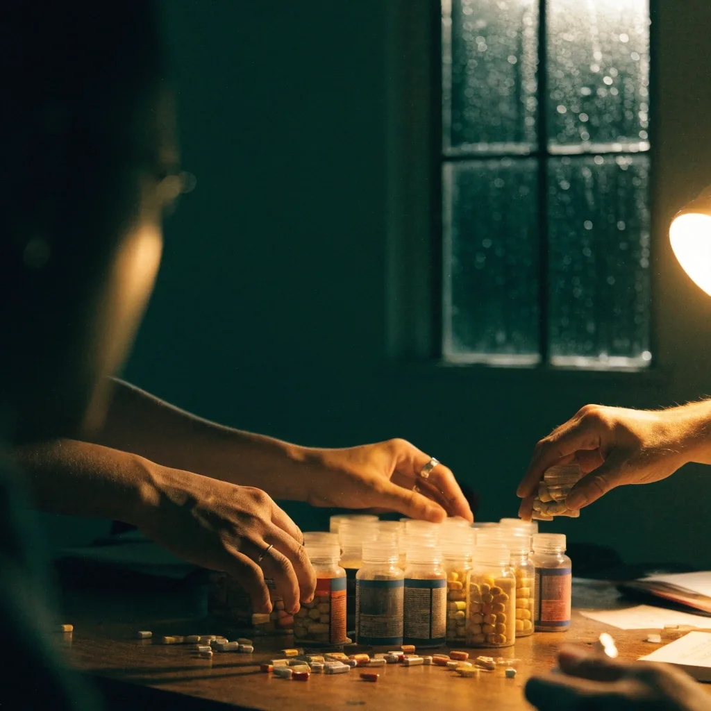 A signal station room at midnight: an empty wooden table and a coiled halyard rope under sodium light through wet glass