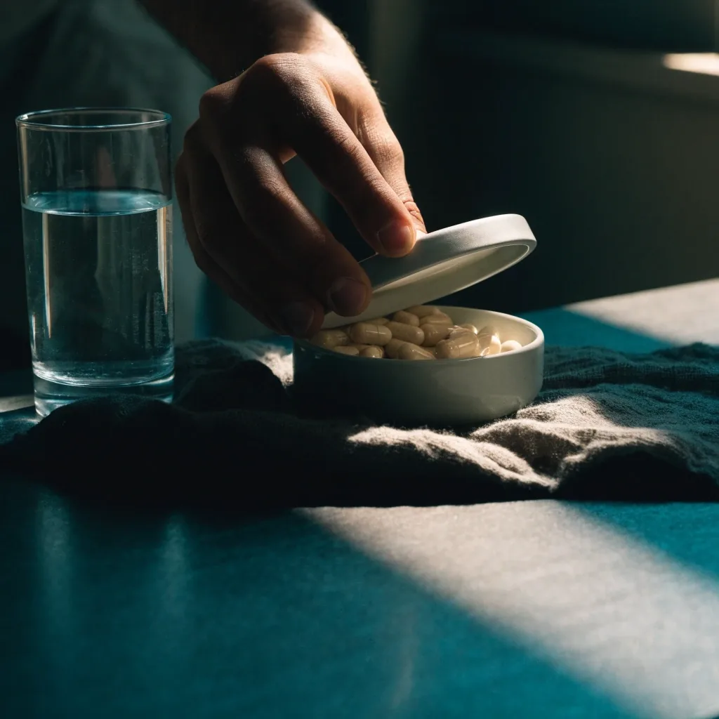 A glass of water and a closed matte dish with loose unlabelled capsules on cloth under hard side light