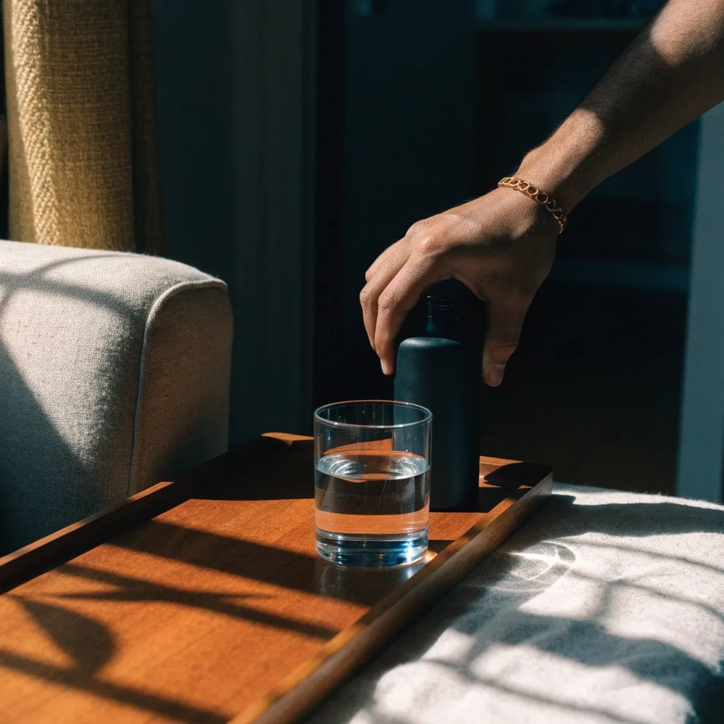 A glass of water beside a closed matte dish on unbleached cloth in hard side light