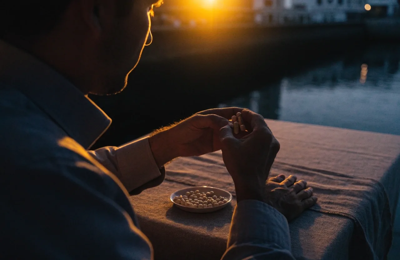 A man's hands counting unlabeled capsules from a small dish into his palm at a cloth-covered table