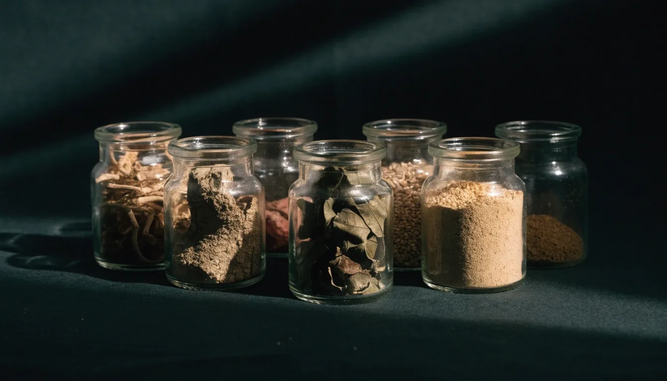 Eight small glass jars of unlabeled herbs and powders arranged on dark cloth under a single hard light