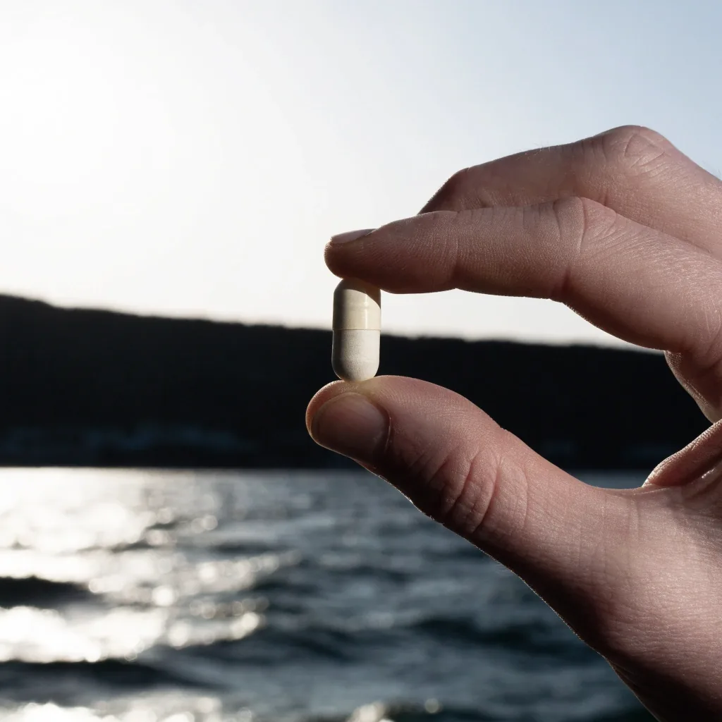 A hand holding a single unlabeled capsule up to hard daylight against a bright sky