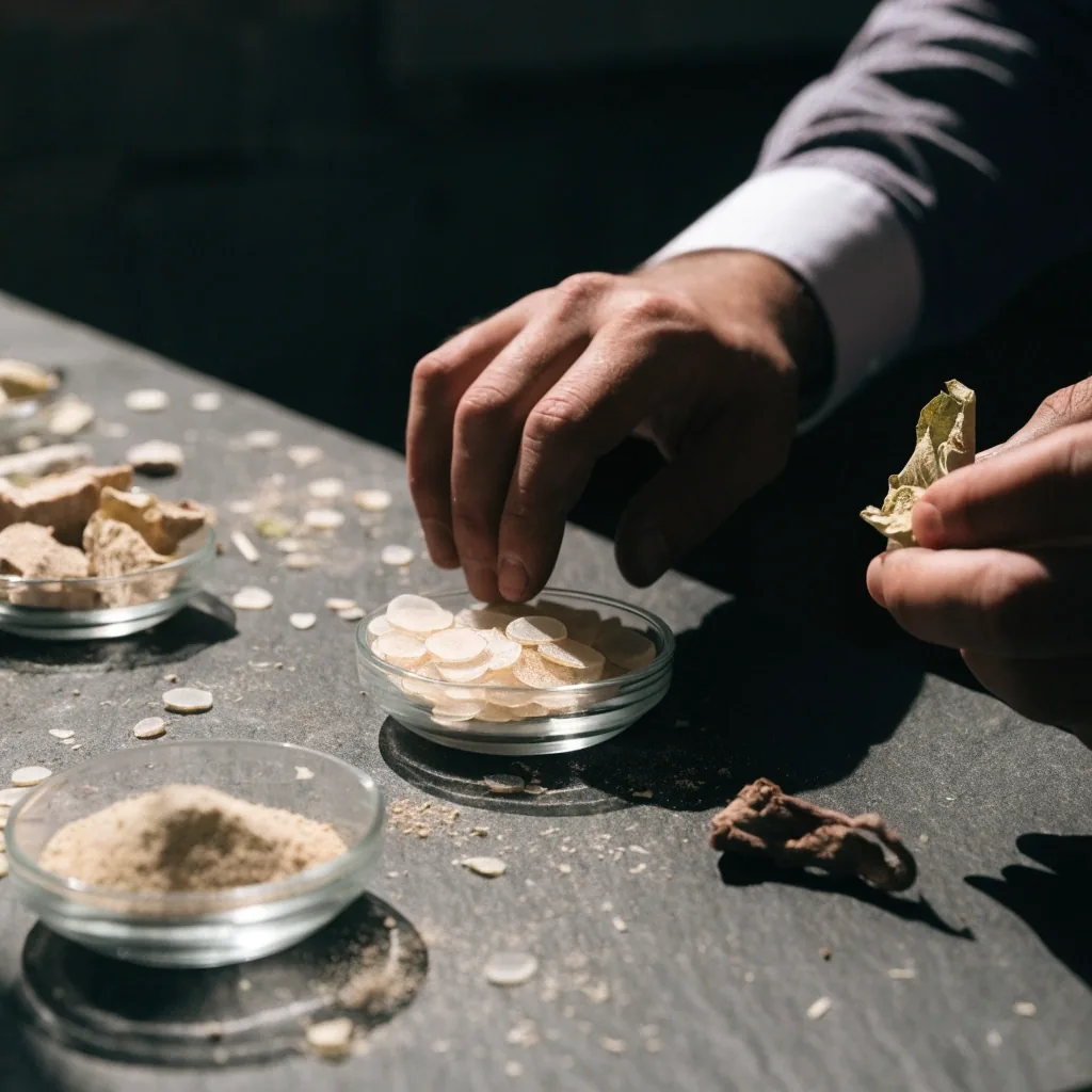 Small glass dishes of unlabeled dried plant matter arranged in two rows on dark cloth