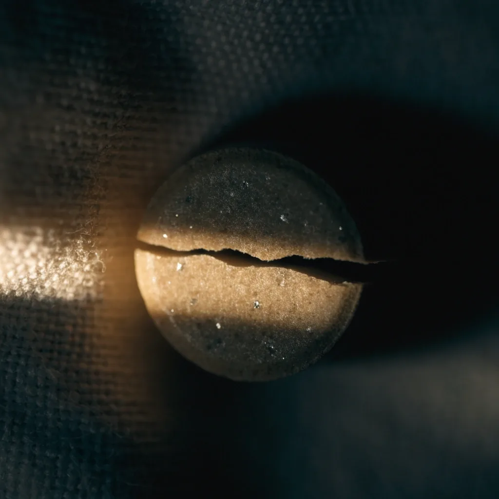 A split supplement tablet on unbleached cloth under one raking light, showing its granular cross-section